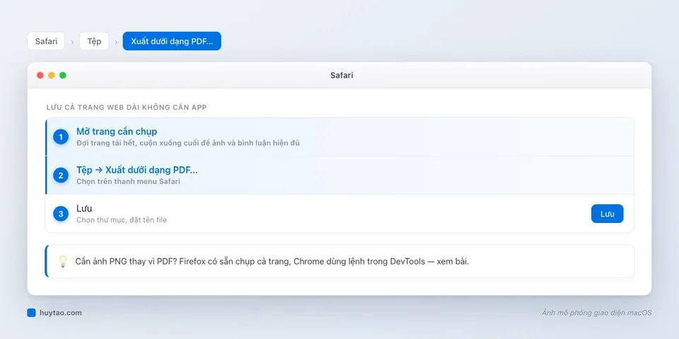 Safari Tệp Xuất dưới dạng PDF để lưu toàn bộ trang web trên MacBook