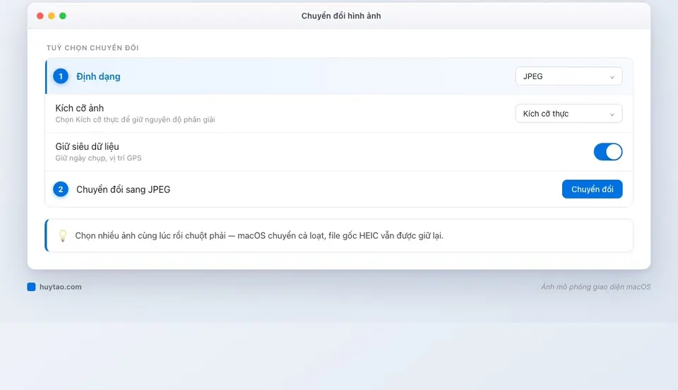 Hộp thoại Chuyển đổi hình ảnh trong Tác vụ nhanh của Finder, chọn định dạng JPEG