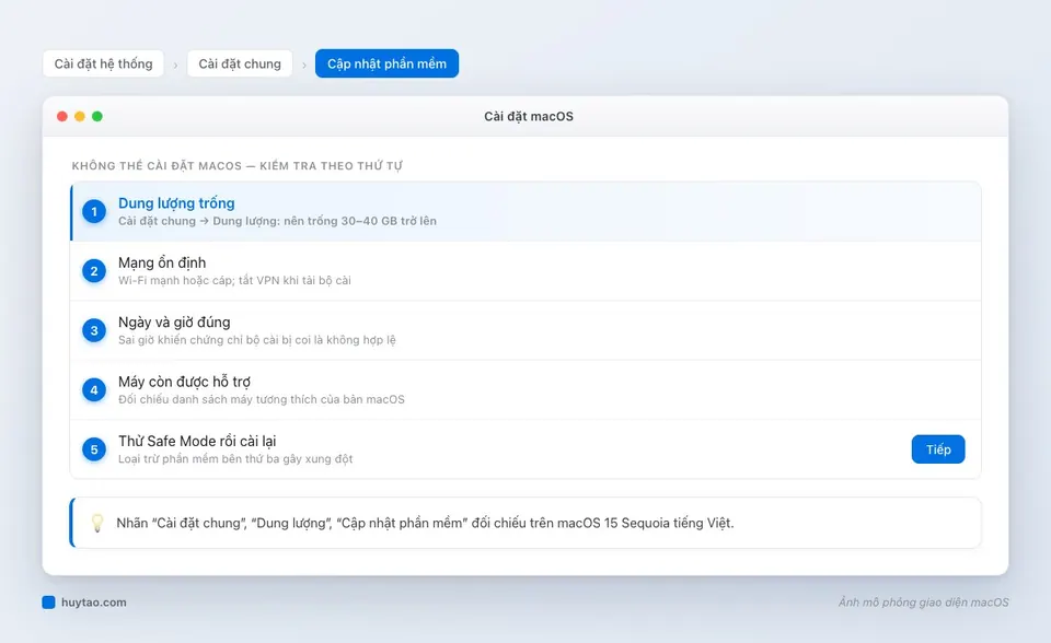 Kiểm tra lỗi không thể cài đặt macOS theo thứ tự
