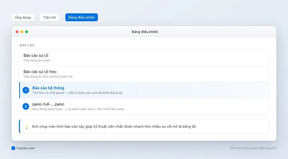 Mục Báo cáo hệ thống trong app Bảng điều khiển chứa file báo cáo kernel panic