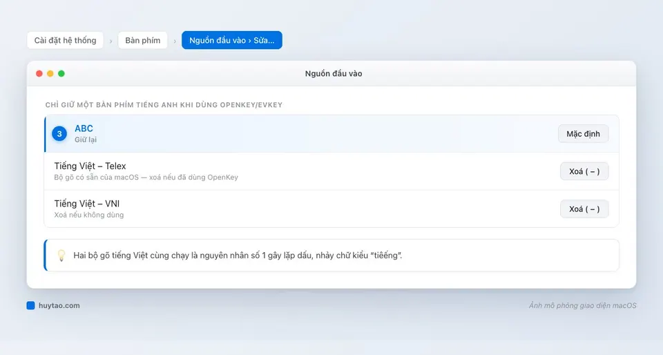 Mô phỏng danh sách Nguồn đầu vào trong cài đặt Bàn phím macOS