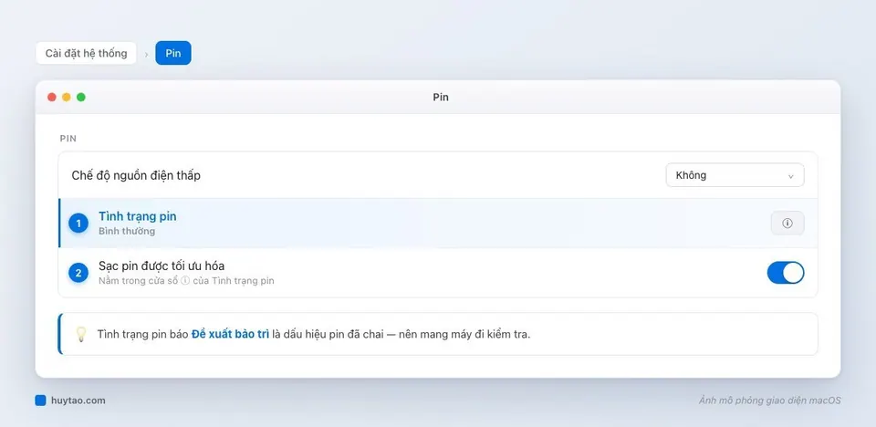 Mô phỏng Cài đặt hệ thống, mục Pin với Tình trạng pin và Sạc pin được tối ưu hóa