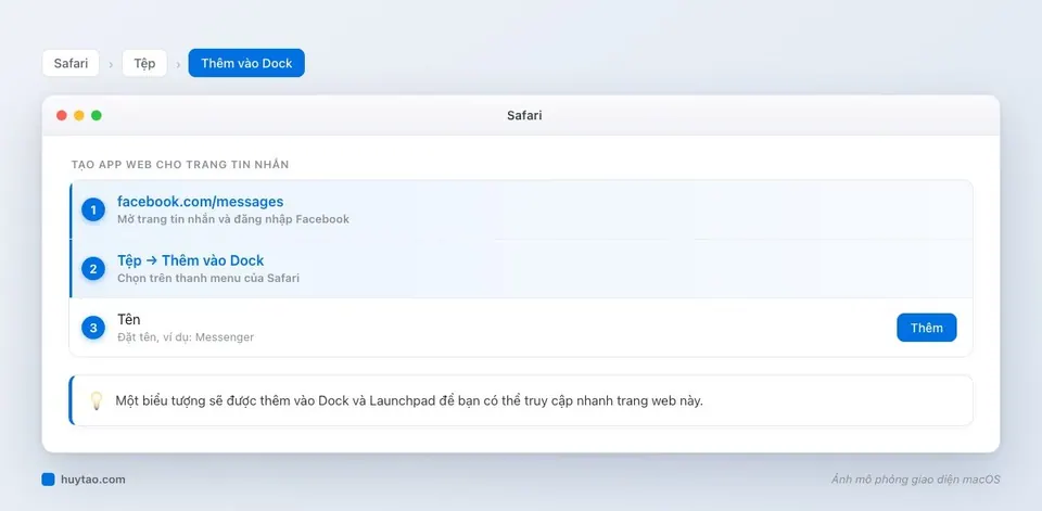 Mô phỏng các bước trong Safari: menu Tệp, Thêm vào Dock để tạo app web Messenger