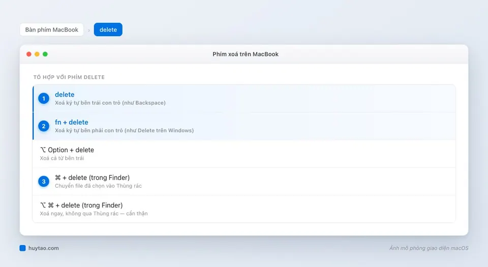 Bảng các tổ hợp với phím delete trên MacBook