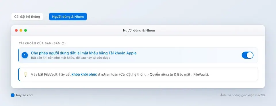 Tuỳ chọn cho phép đặt lại mật khẩu MacBook bằng Tài khoản Apple trong Người dùng & Nhóm