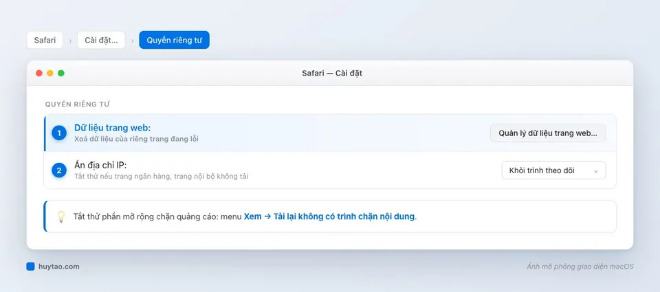 Quản lý dữ liệu trang web và Ẩn địa chỉ IP trong cài đặt Quyền riêng tư của Safari