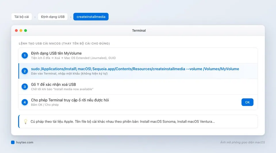 Lệnh createinstallmedia tạo USB cài macOS