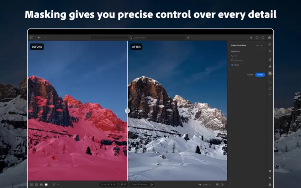 Thư viện và tính năng AI trong Adobe Lightroom. (Ảnh: Mac App Store)