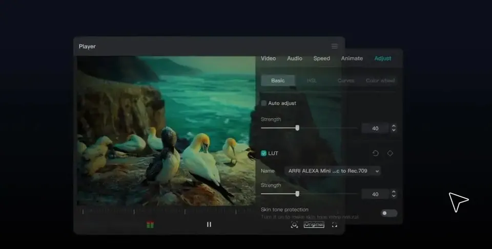 Cửa sổ Player và bảng Adjust chỉnh màu trong CapCut desktop. (Ảnh: capcut.com)