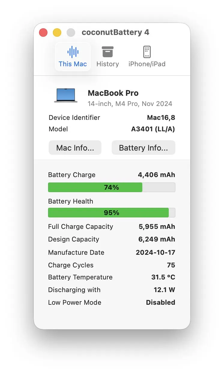 coconutBattery hiển thị dung lượng, số chu kỳ và nhiệt độ pin MacBook