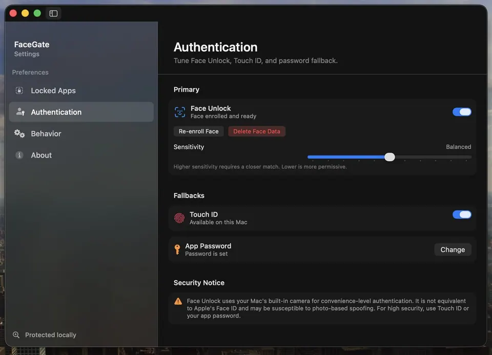 Cài đặt phương thức xác thực: khuôn mặt, Touch ID, mật khẩu. (Ảnh: GitHub dweep-desai/FaceGate-Mac)