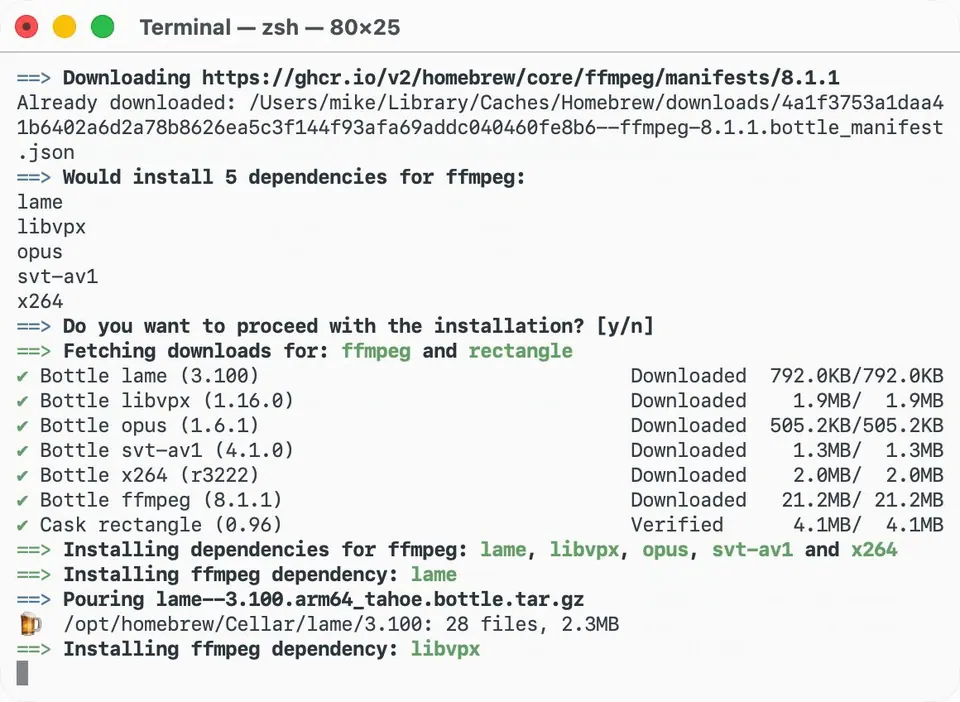 Homebrew tải và cài các gói phụ thuộc của ffmpeg. (Ảnh: brew.sh)