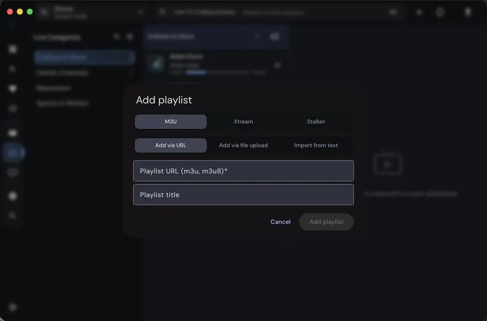 Hộp thoại thêm playlist bằng URL, file hoặc Xtream Codes. (Ảnh: GitHub 4gray/iptvnator)