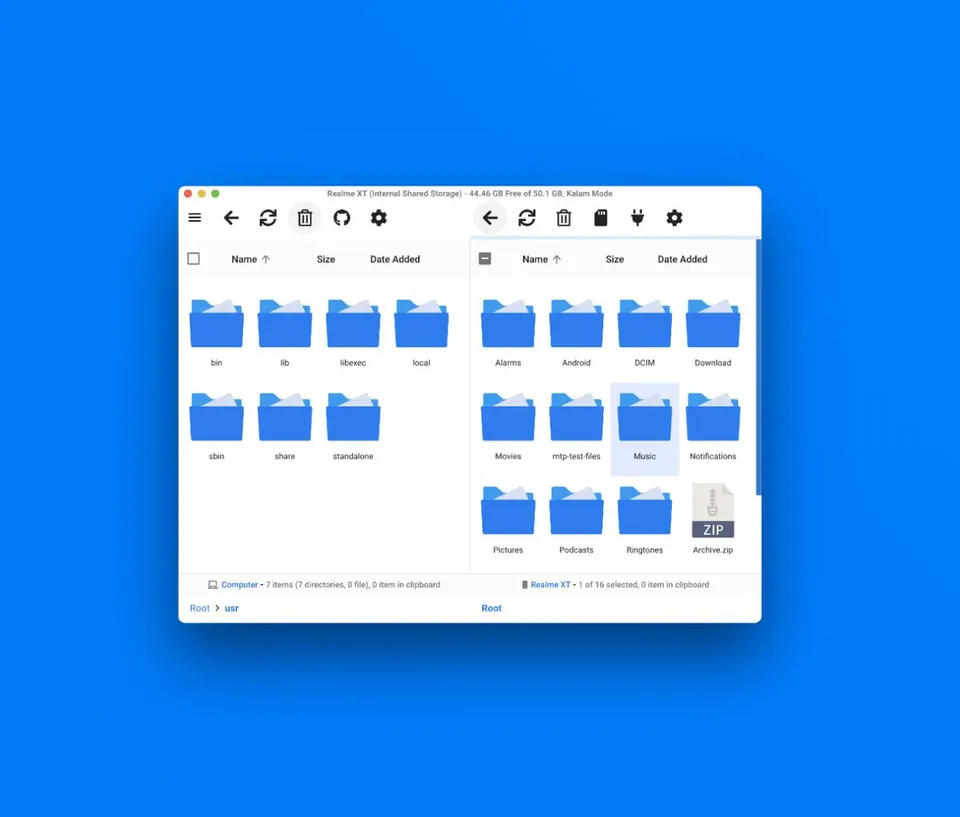 Giao diện hai cột của OpenMTP: ổ Mac và bộ nhớ điện thoại. (Ảnh: GitHub ganeshrvel/openmtp)