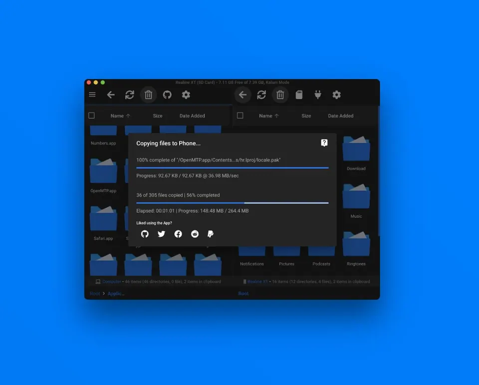 OpenMTP đang chép file từ Mac sang điện thoại Android. (Ảnh: GitHub ganeshrvel/openmtp)