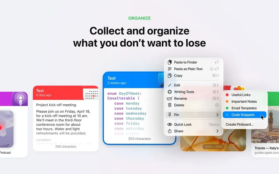 Sắp xếp clipboard vào các Pinboard. (Ảnh: App Store)