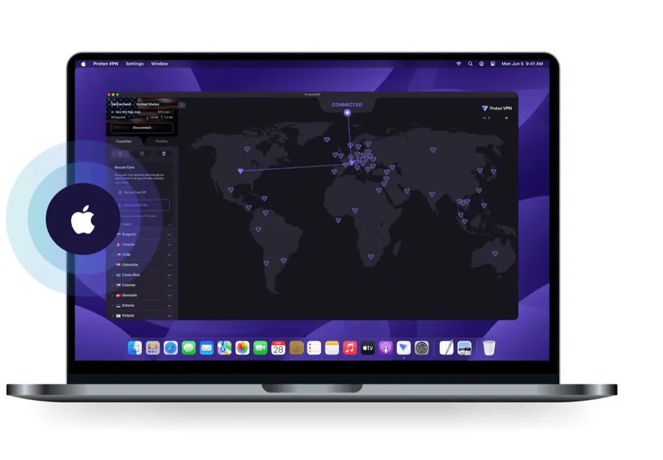 Ứng dụng Proton VPN trên macOS đang kết nối, bản đồ máy chủ bên phải. (Ảnh: protonvpn.com)