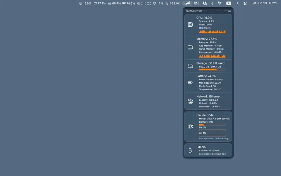 RunCat Neo trên menu bar macOS