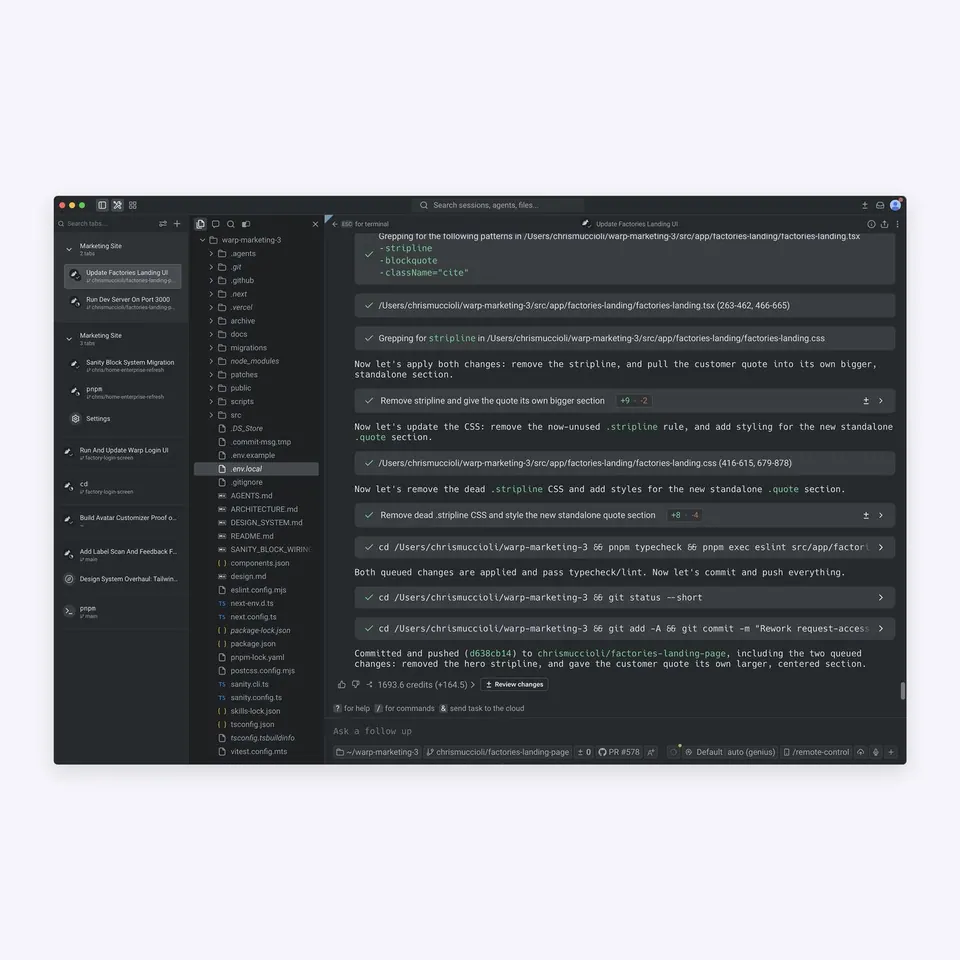 Giao diện terminal của Warp với các khối lệnh. (Ảnh: warp.dev)