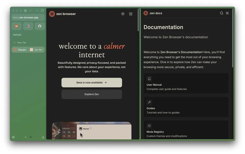 Split View trong Zen: xem hai trang cạnh nhau. (Ảnh: docs.zen-browser.app)