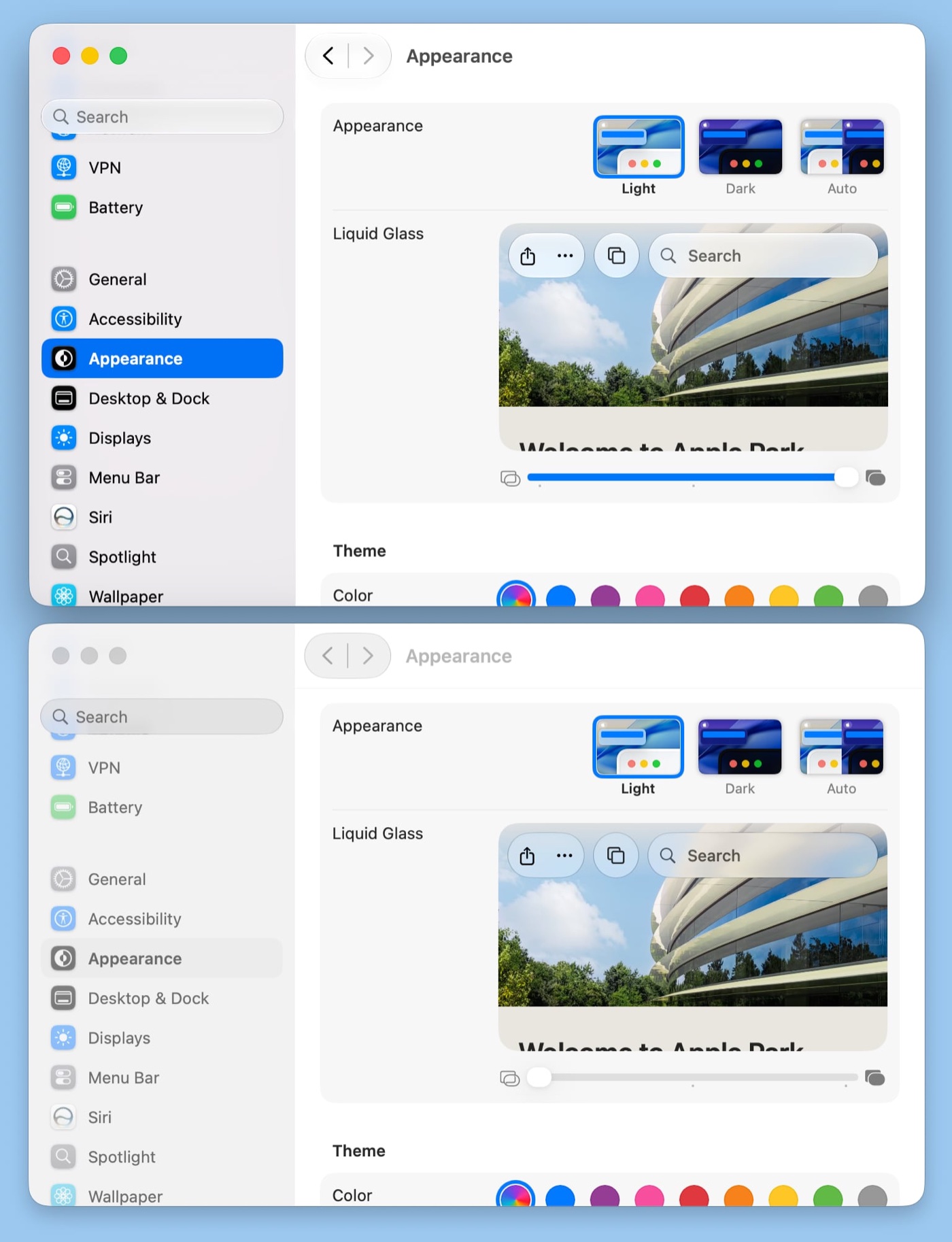 Thanh trượt điều chỉnh độ trong suốt Liquid Glass trên macOS 27