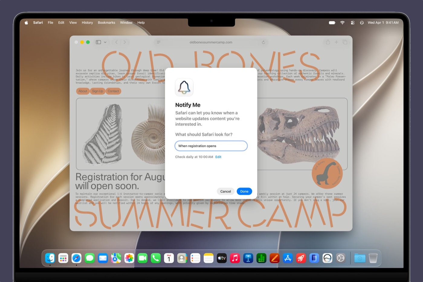 Tính năng Notify Me theo dõi thay đổi trang web trong Safari macOS 27