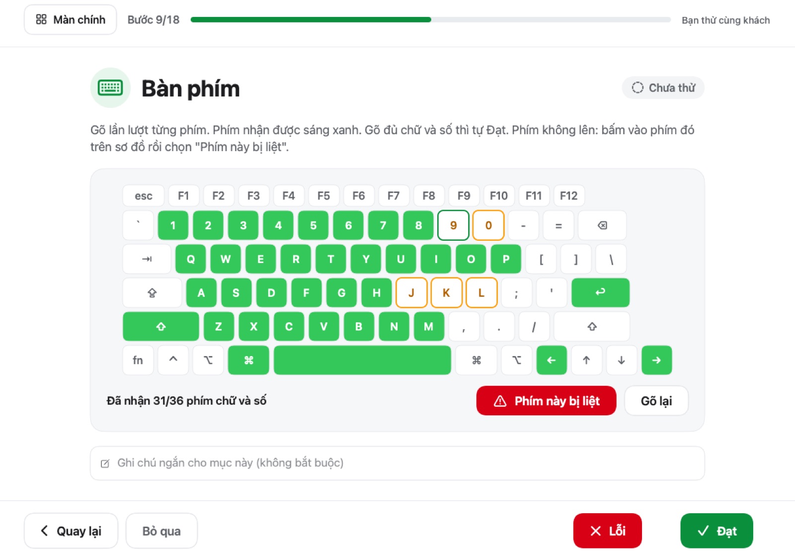 Bước thử bàn phím trong MacCheck, phím sáng lên khi gõ