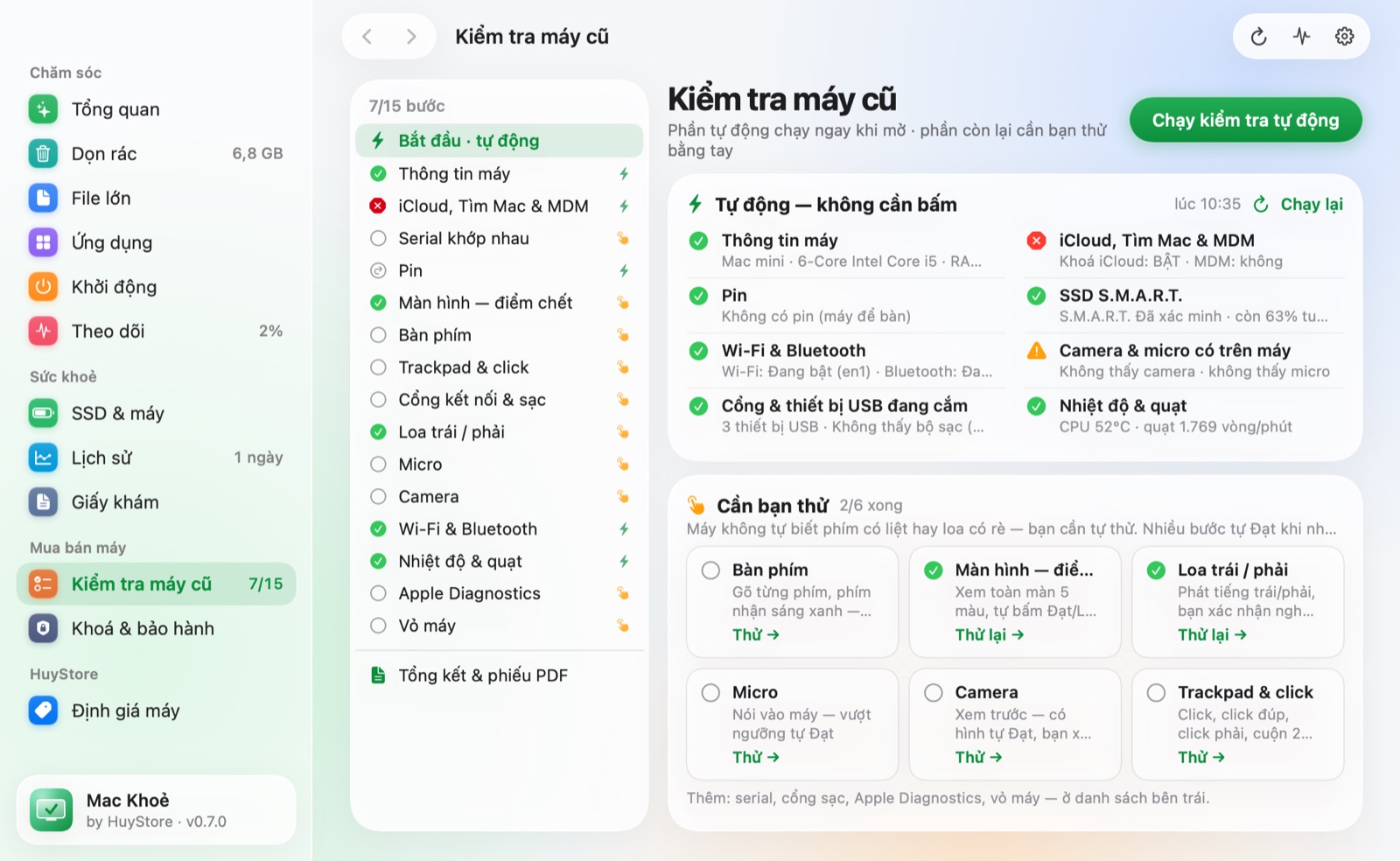 Bước kiểm tra tự động trong phần Kiểm tra máy cũ của Mac Khoẻ