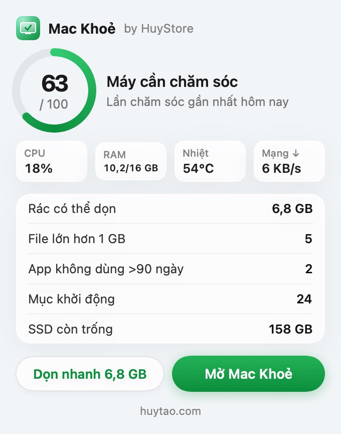 Bảng theo dõi trên thanh menu của Mac Khoẻ hiện CPU, RAM, nhiệt độ, mạng
