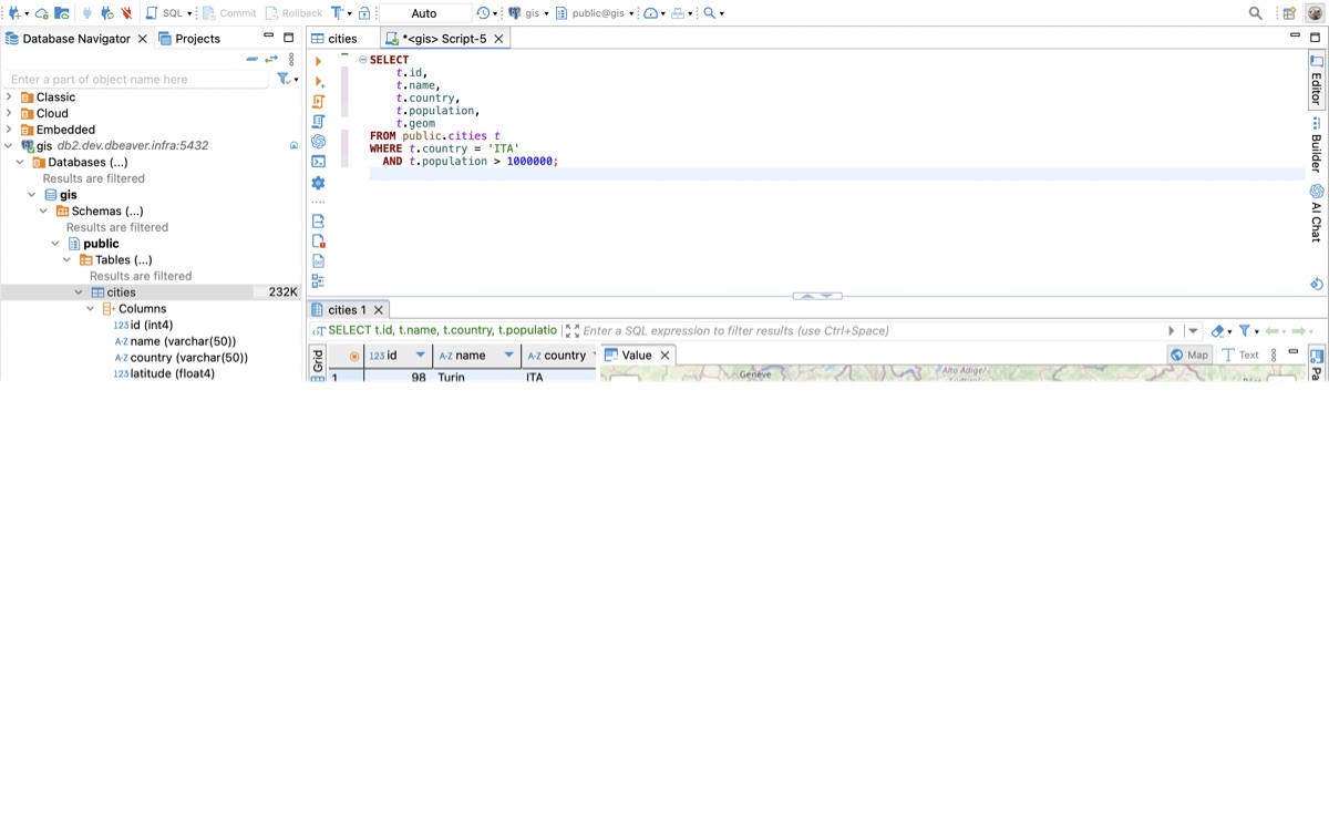 Xem dữ liệu dạng bản đồ (GIS Viewer) trong DBeaver. (Ảnh: dbeaver.io)