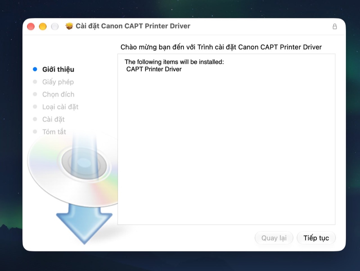 Cửa sổ trình cài đặt Canon CAPT Printer Driver trên macOS